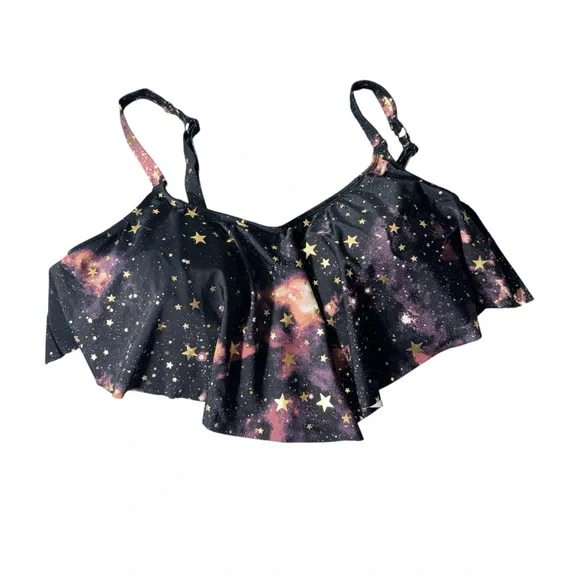 Torrid Black Gold Star Metallic Print 1PC Flounce Top SwimSuit 1X (TOP ONLY) - Picture 3 of 10